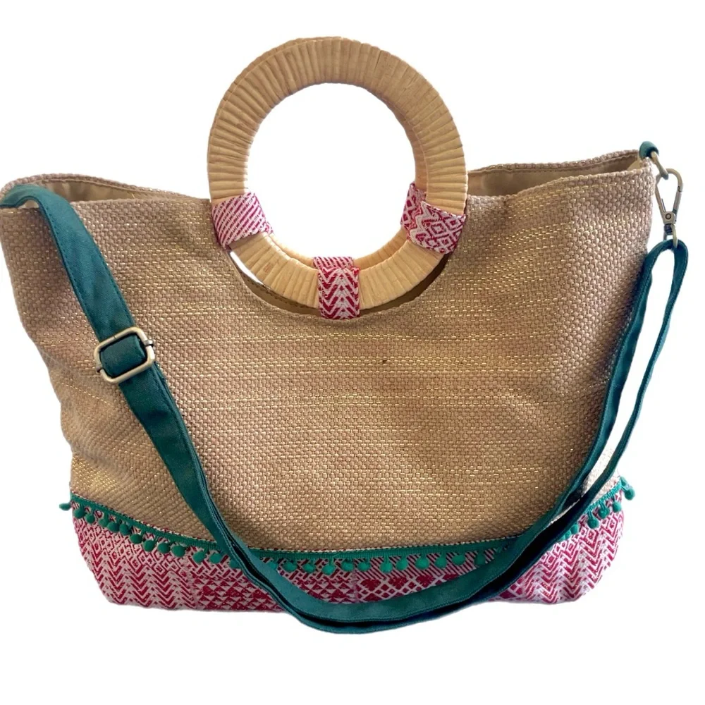 Chic Cherry Beaded Tote Bag with Bamboo Handles and Crossbody Strap